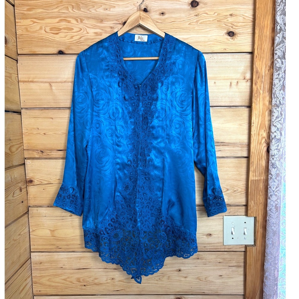 Mulia Collection Vintage Blue Satin Rose Jacquard Lace Handkerchief Hem Blouse